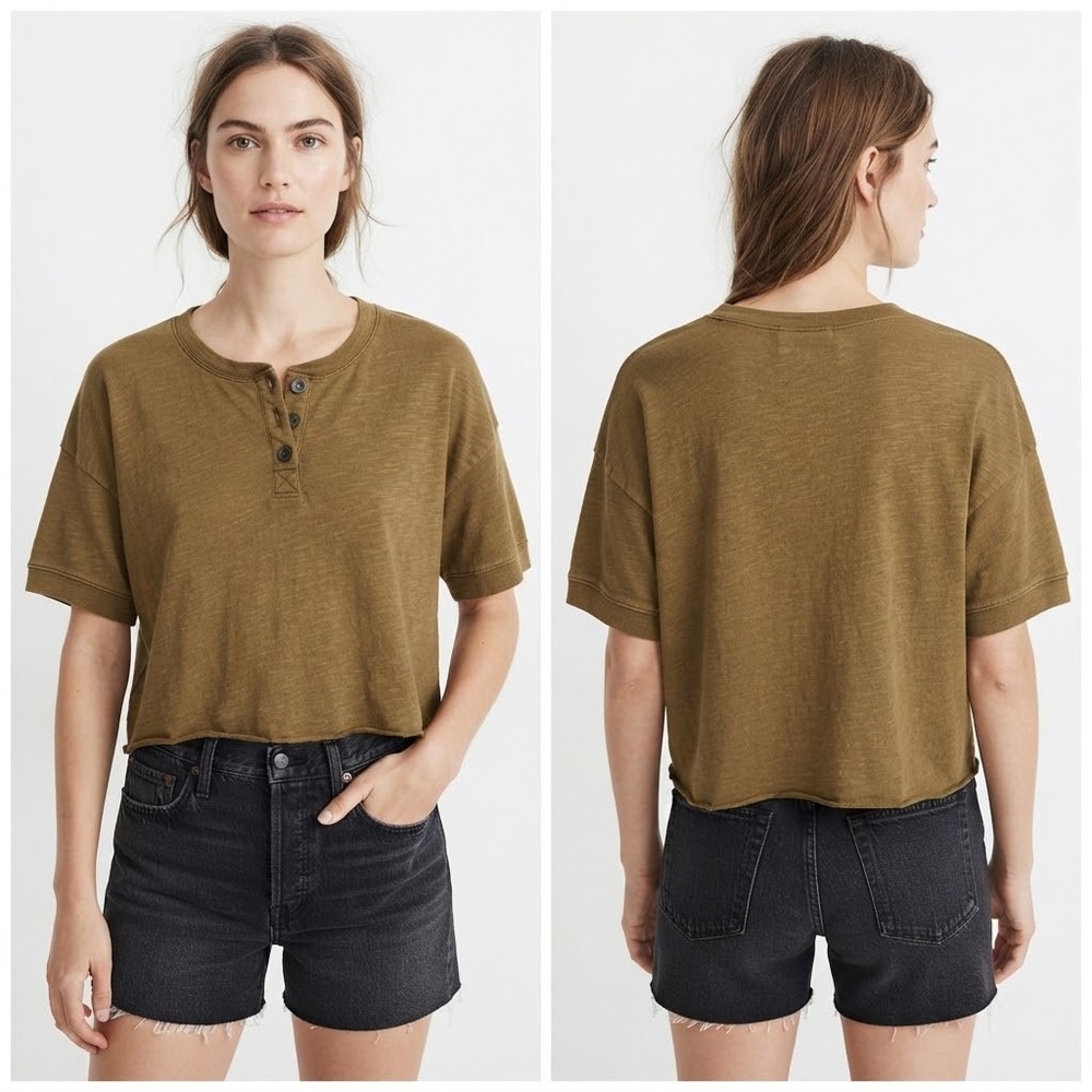 Madewell Raw-Edge Henley Crop Top Tee Womens Medium Olive Khaki Green Cotton
